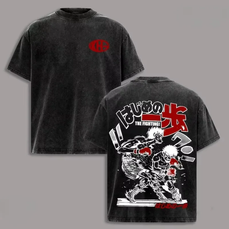 Fighting Spirit Makunouchi Ippo Print T-shirts for Men Women Fashion Hip Hop Street T Shirt Washed Vintage Loose Washed Short