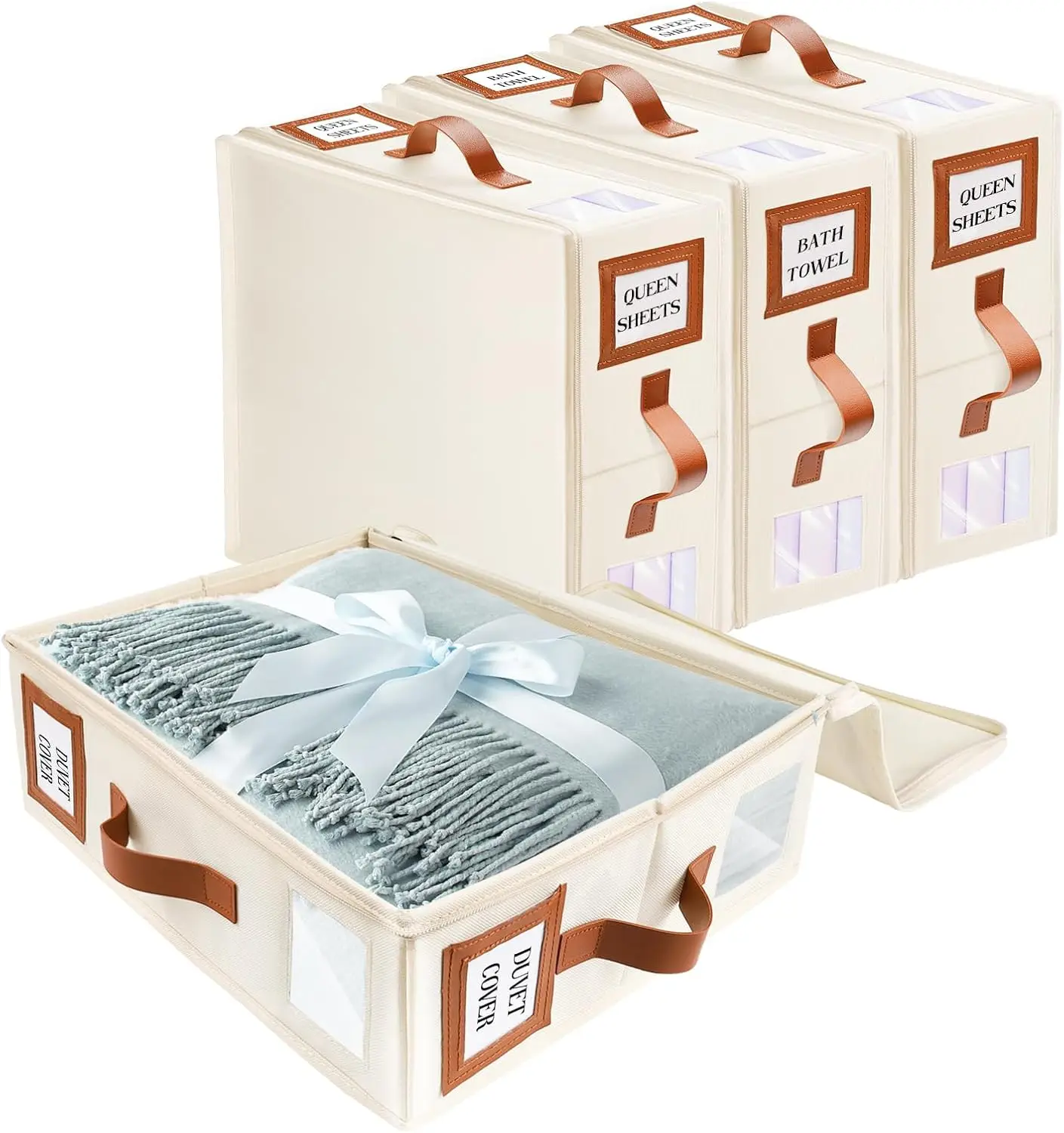 

Bed Sheet Organizers And Storage (King & Queen Size) 4 Pa With Window And Label, Foldable Sheet Organizer With Handle, Beige