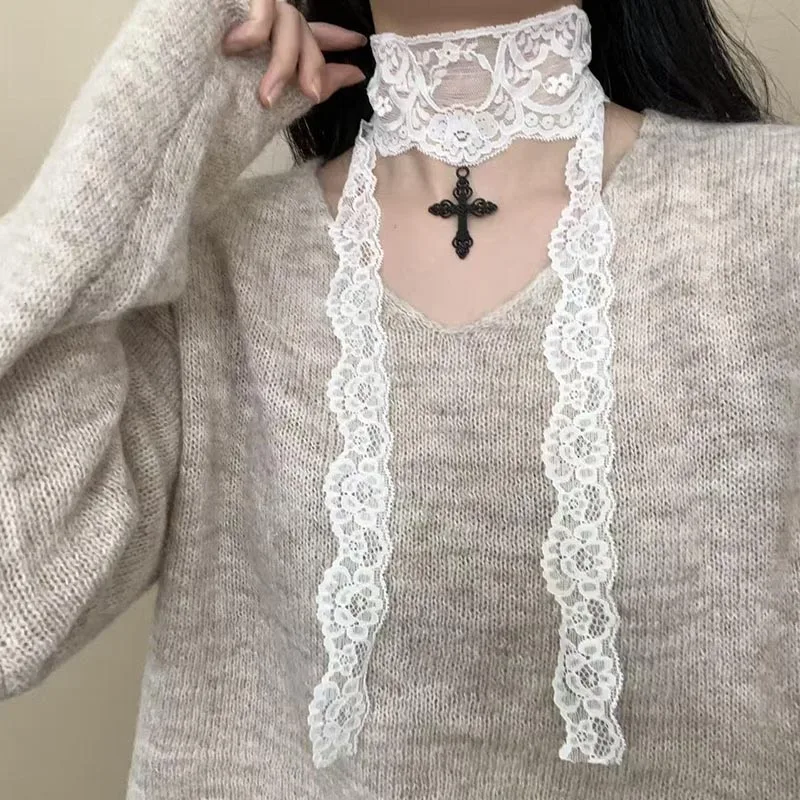 Long Sexy Lace Choker with Black Cross Pendant Gothic Victorian Tie-Up Clavicle Necklace for Women Neck Decoration Y2K Jewelry
