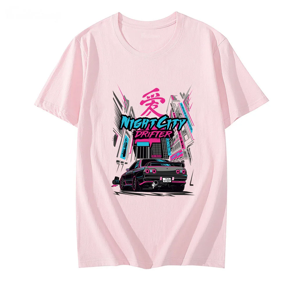 Night City Drifter Car Print T Shirts High Street for Men T-shirts 100% Cotton Short Sleeve Summer Male/female Loose Tshirts