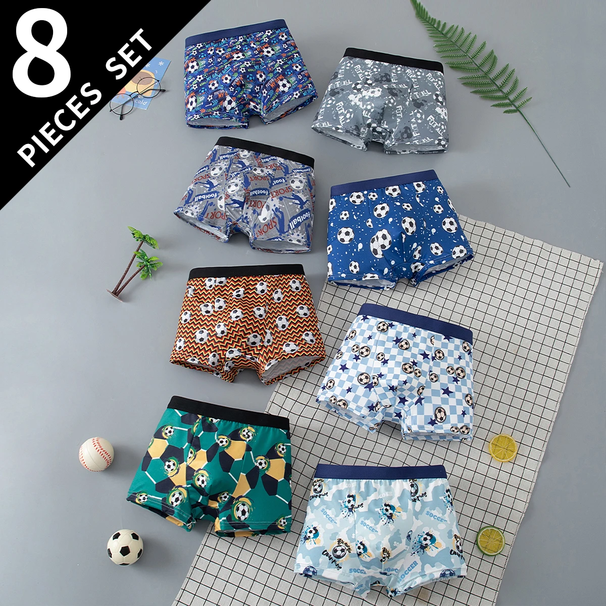 8-piece set of children's underwear, cute soccer dinosaur printed flat corner pants, boys' soft home shorts, versatile sleepwear