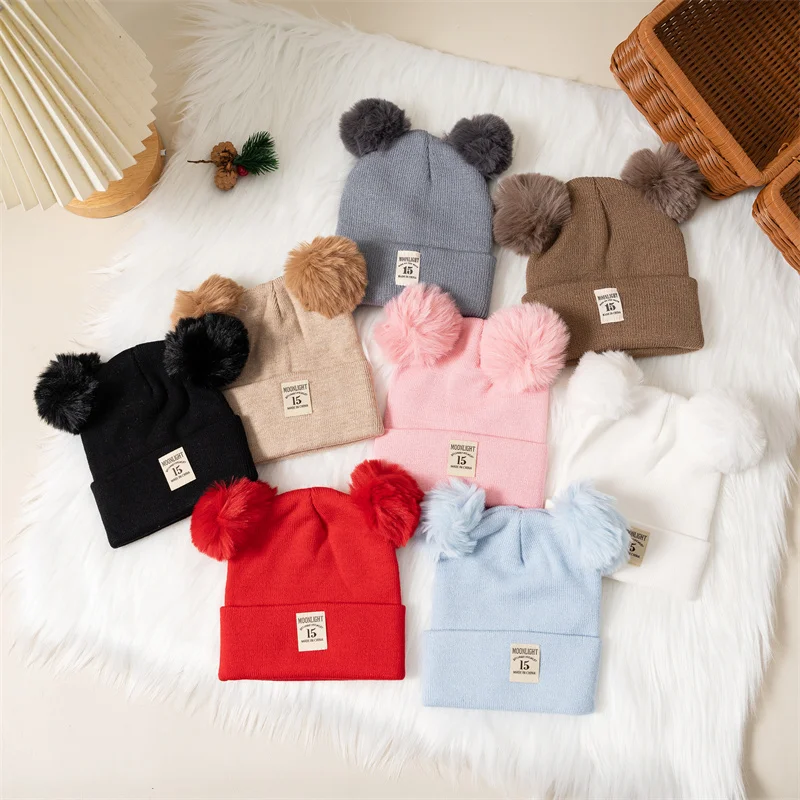 

New Autumn Winter Baby Warm Knitted Hats With Balls Kids Crochet Beanie Hat Solid Color Children Hat For Boys Girls Caps
