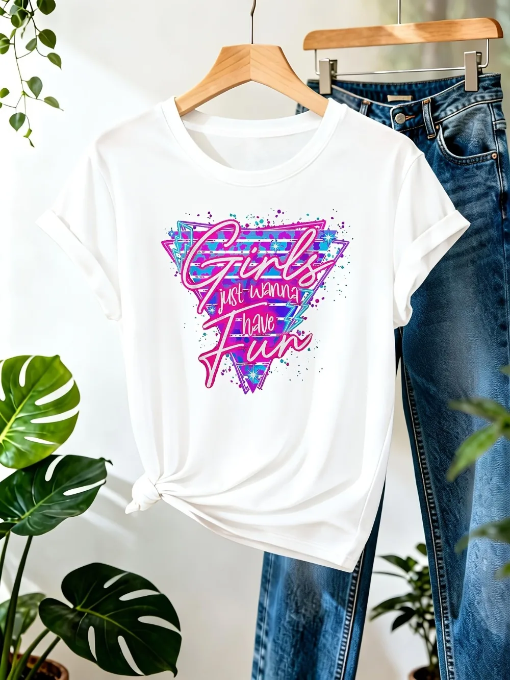 Damen Retro 80er Neon T-Shirt mit „Just Wanna Have Fun“-Grafik, Rundhalsausschnitt, Lässiges Oberteil mit Geometrischem Druck, Casual-Kleidung – Detail 11