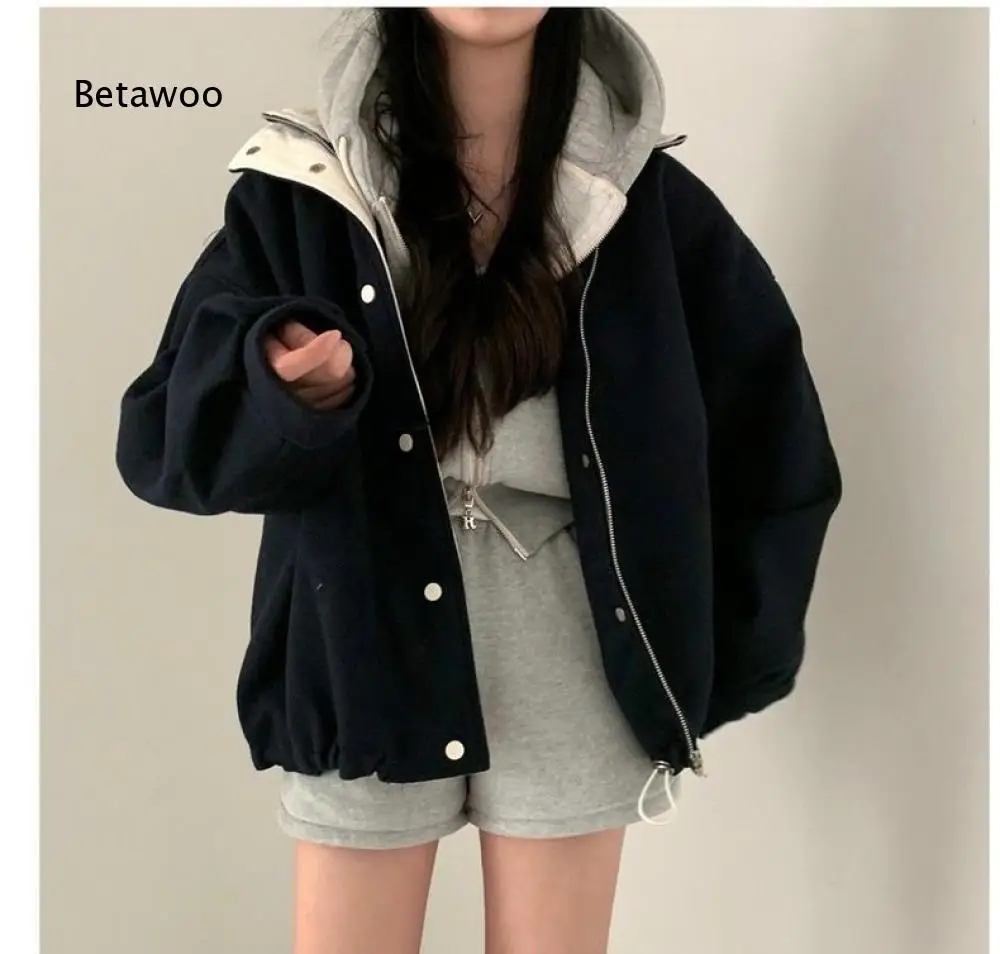 Loose Fit Fake Two Layer Hooded Outer Coat For Women Zip And Snap Button Design Long Sleeve Jacket For Street Style Looks