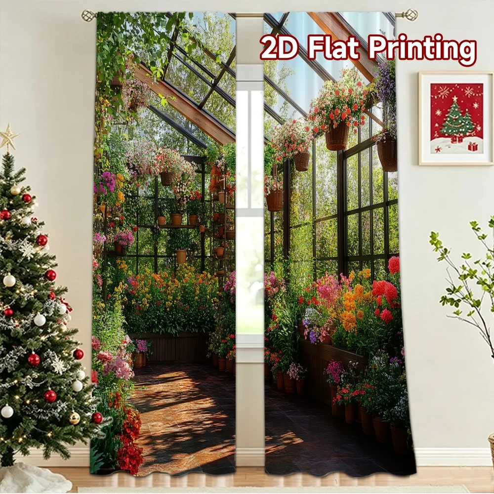 2D flat 2pcs Curtain French Romantic Style Sunlit Flower Greenhouse Digitally printed polyester Festive Wall Decor Use for