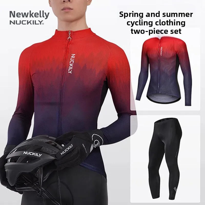 

NUCKILY Men's Cycling Jersey Set Spring Summer Long Sleeve UV Protection Breathable Quick Dry 3D Padded Pants Bike Suit for Road