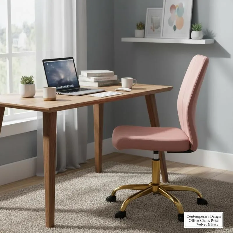 Chaise de bureau ergonomique pivotante, hauteur réglable, dossier incurvé, velours or rose, 56x60x102cm, pour bureau à domicile et étude