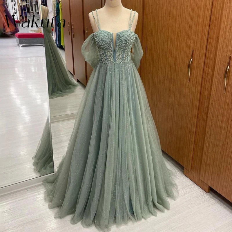 Wakuta Stand Out Wunderschöne Mint Glitter A-Linie Prom Vestidos Funkelnde Spaghettiträger Kristallkleider für Frauen Luxus Designer