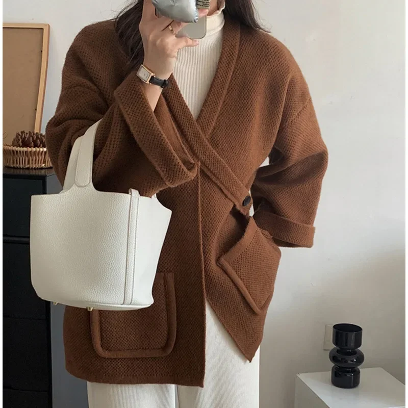 Cardigans Women Solid Color Elegant Knit Sweaters Pockets Oblique Buckle Casual Female Knitted Outwear Autumn Winter Clothing