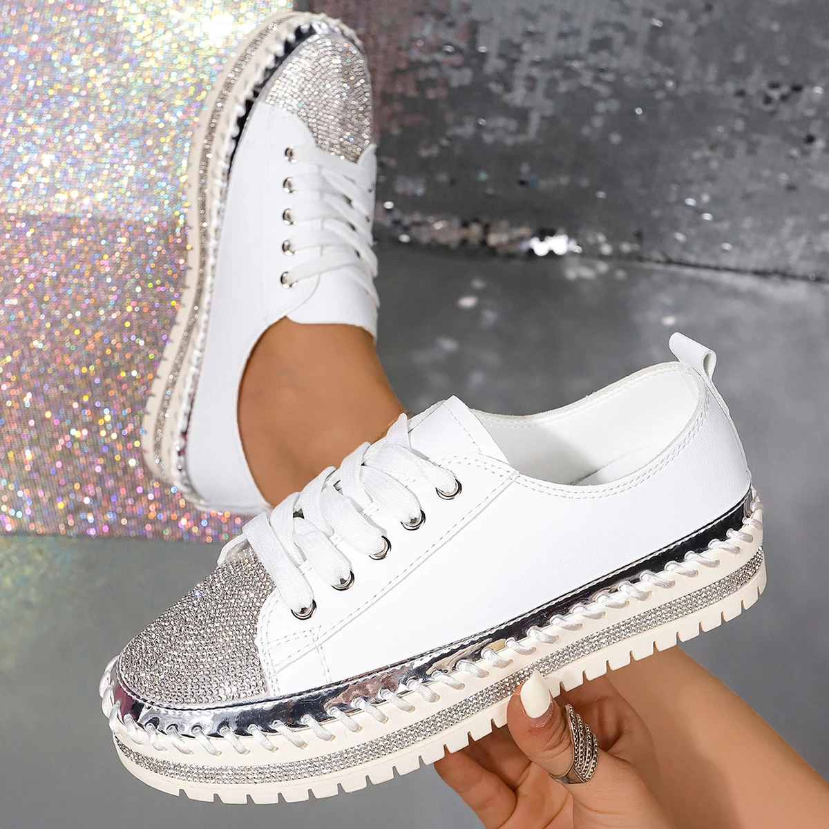 New Shoes for Women Sneakers Crystal Thick Soles Casual Rhinestones PU Walking Flats Thick Bottom Lace Up Shoes Plus Size 43