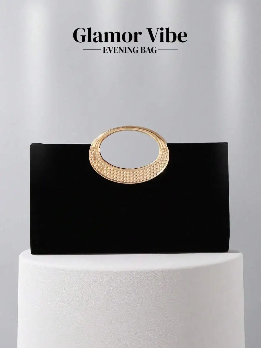

Luxury Black Velvet Evening Clutch With Gold-Tone Oval Beaded Handle, Removable Chain Strap For Formal Events And Gifts