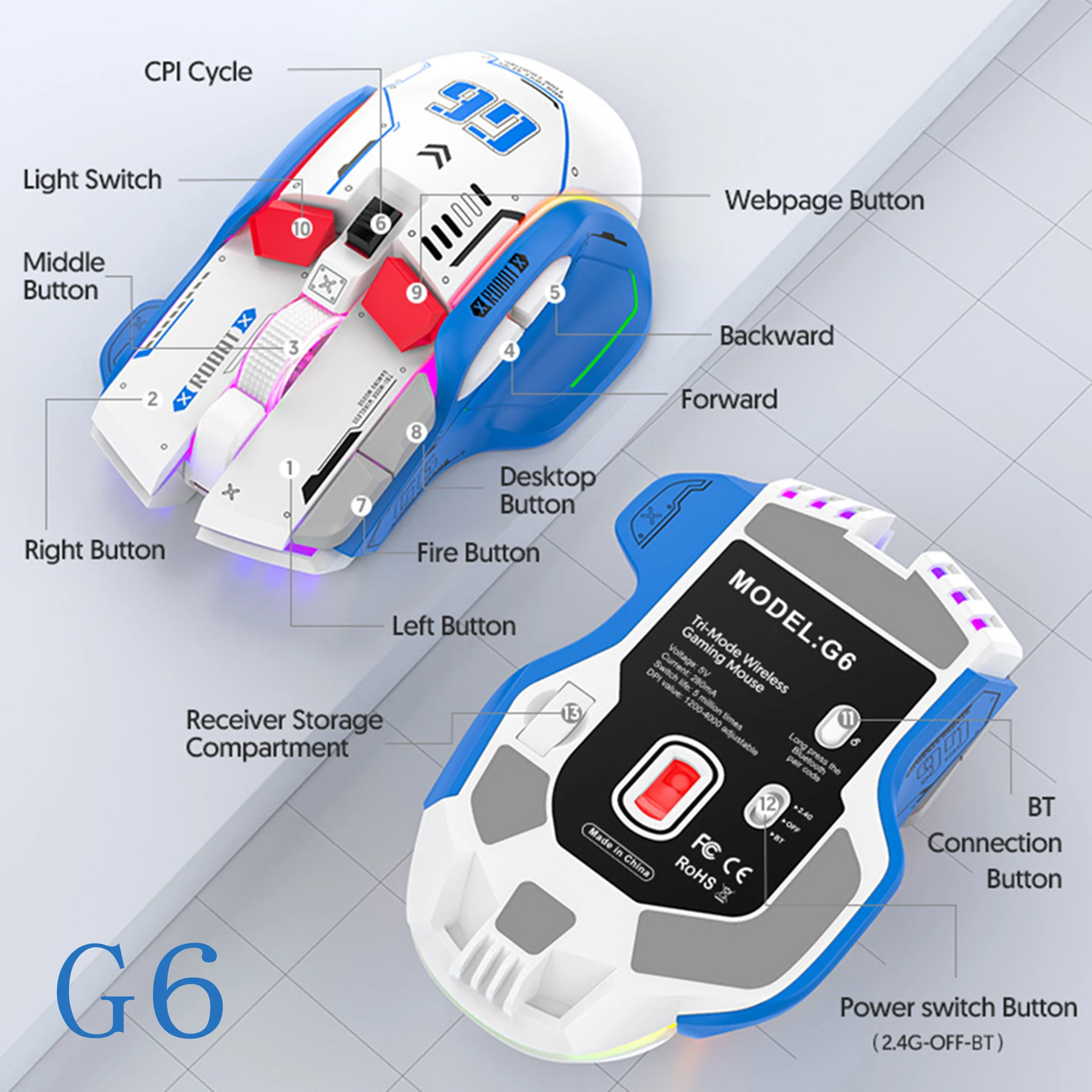 G6 Gaming Mouse Wireless,Rechargeable 4000DPI Tri-mode Connection, Silent Operation,Support One-click return Desktop