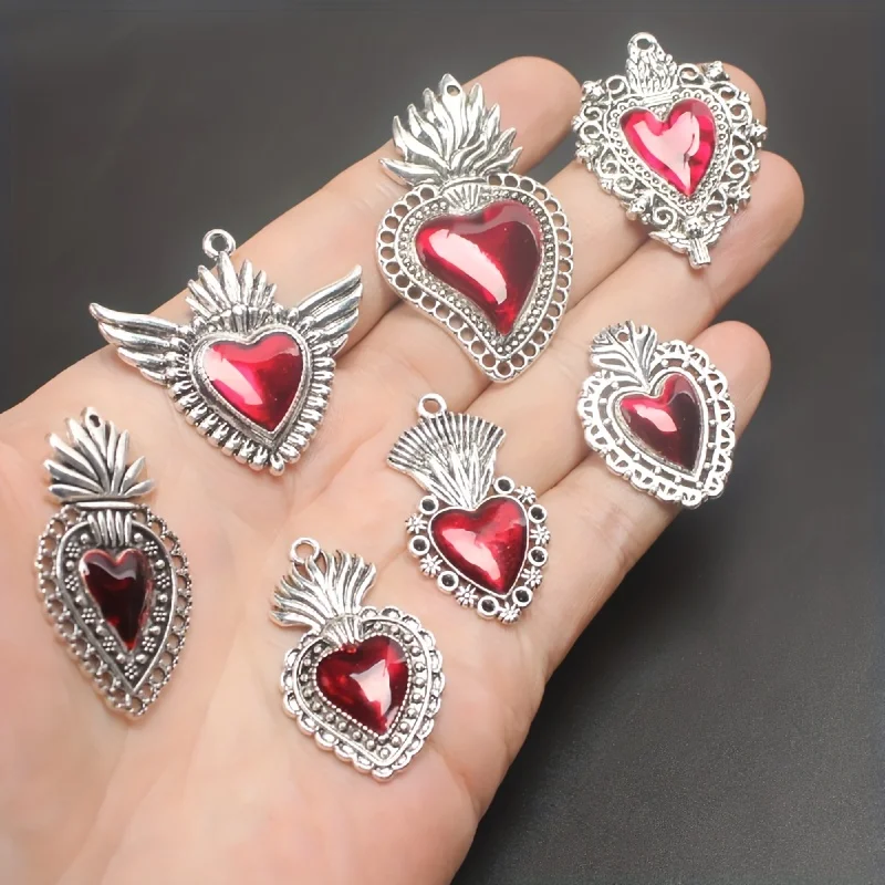 7pcs Mixed Silver Plated Enamel New Gothic Style Sacred Heart Alloy Pendant DIY Charms Earrings Necklace Jewelry Crafts Making