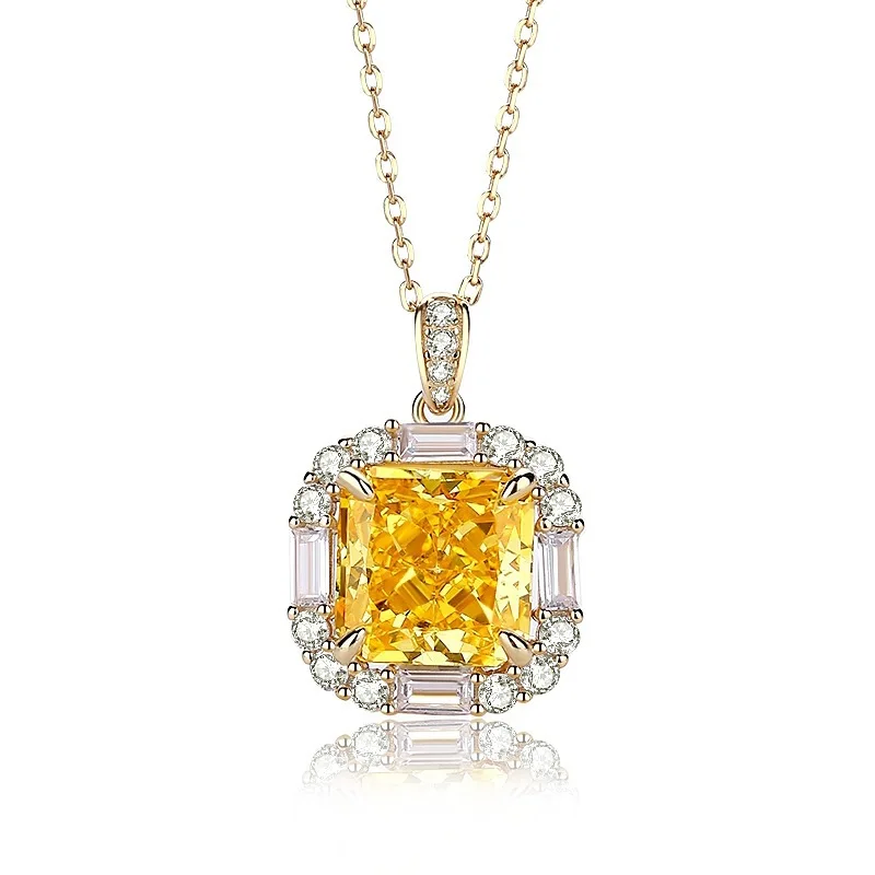 

Original S925 sterling silver ice flower cut stone necklace women's square yellow zircon collar chain design sense