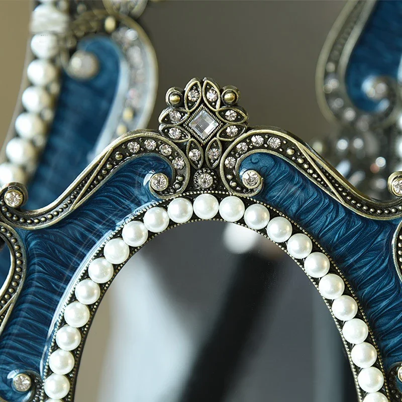 Antique Brass Blue Pearls 4x6 inches Oval Metal Framed Table Mirror European Home Decor Silver White Stand Jeweled Makeup Mirror