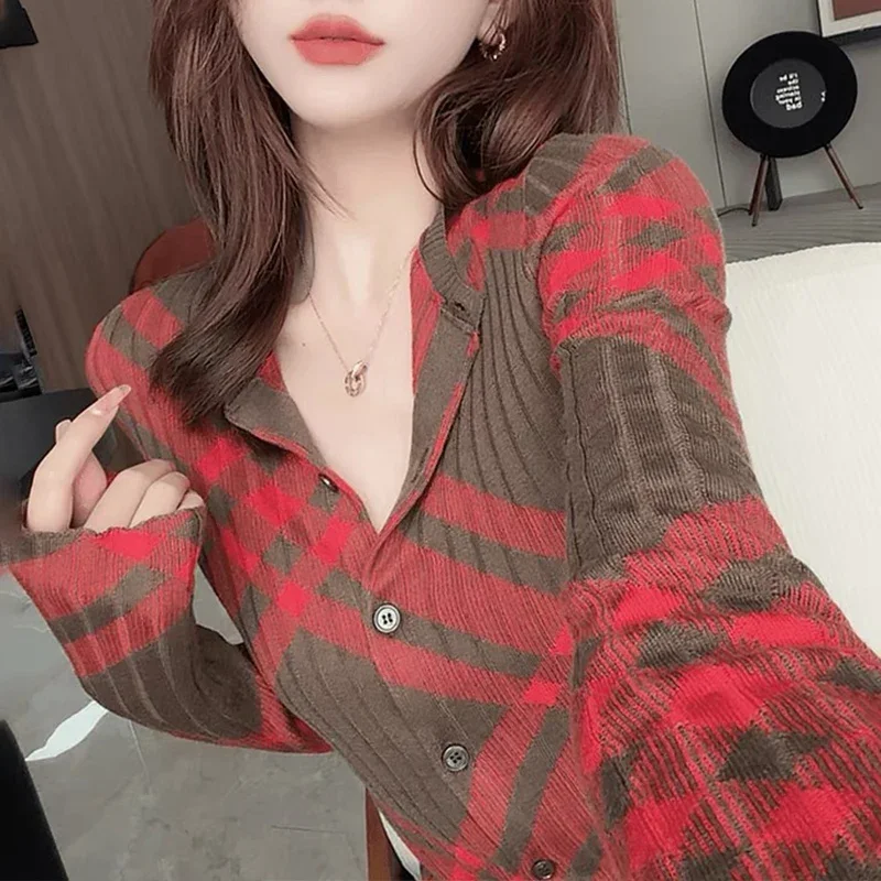 Early Autumn Vintage Striped Knitwear Women Clothing Fashion Contrast Style Knitted Cardigan Elasticity Elegant Sweater Tops