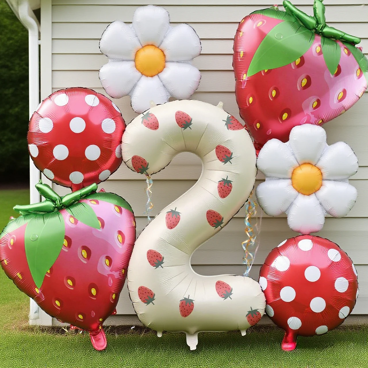Balloon Set: 0-9 number balloons with Strawberry sticker,Strawberry/Daisy/Polka Dot Balloons, Anniversary Birthday Party Decor​