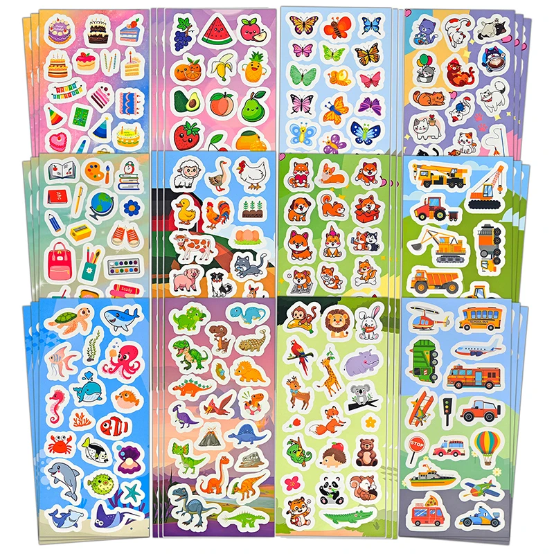 12-36 Sheets Stickers Bulk for Kids Scrapbooking Including Animals, Fruits, Dinosaurs, Cats, Fish, Cars and More, Party Favors f