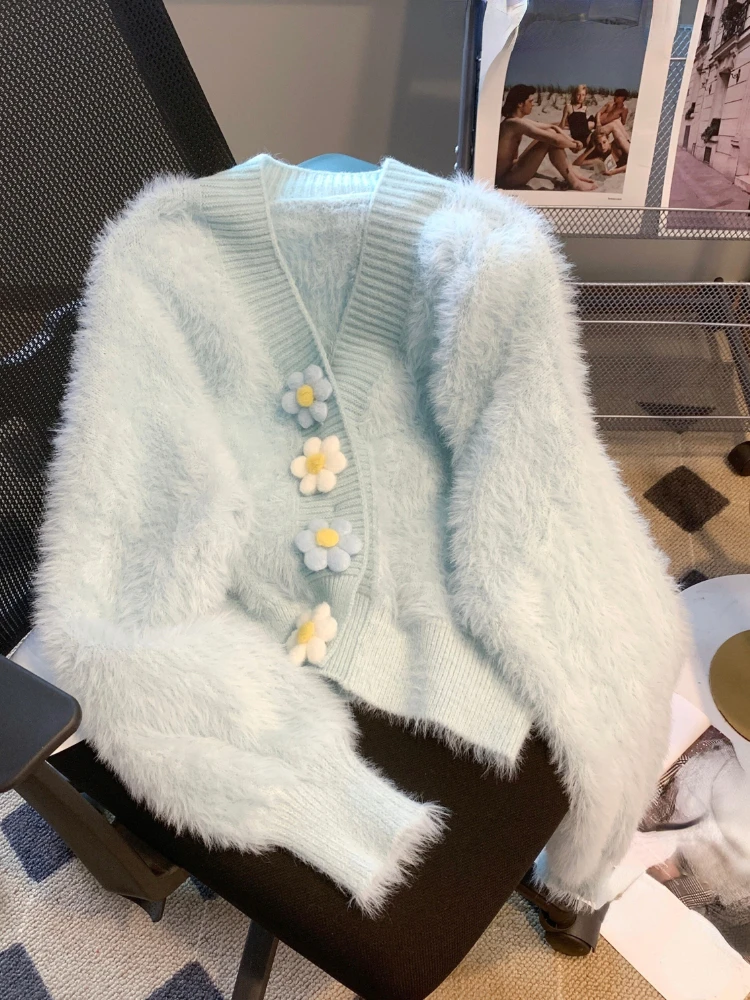 Woherb nowy słodki różowy norek puszysty sweter dziergany sweter kobiet koreański delikatny V Neck Pull Femme kwiat przyciski z długim rękawem topy