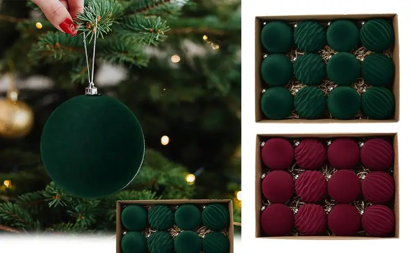 12Pcs Christmas Velvet Ball Ornaments 8CM Christmas Tree Ornaments Set with Hanging Loop Christmas Hanging Decor for Home Party