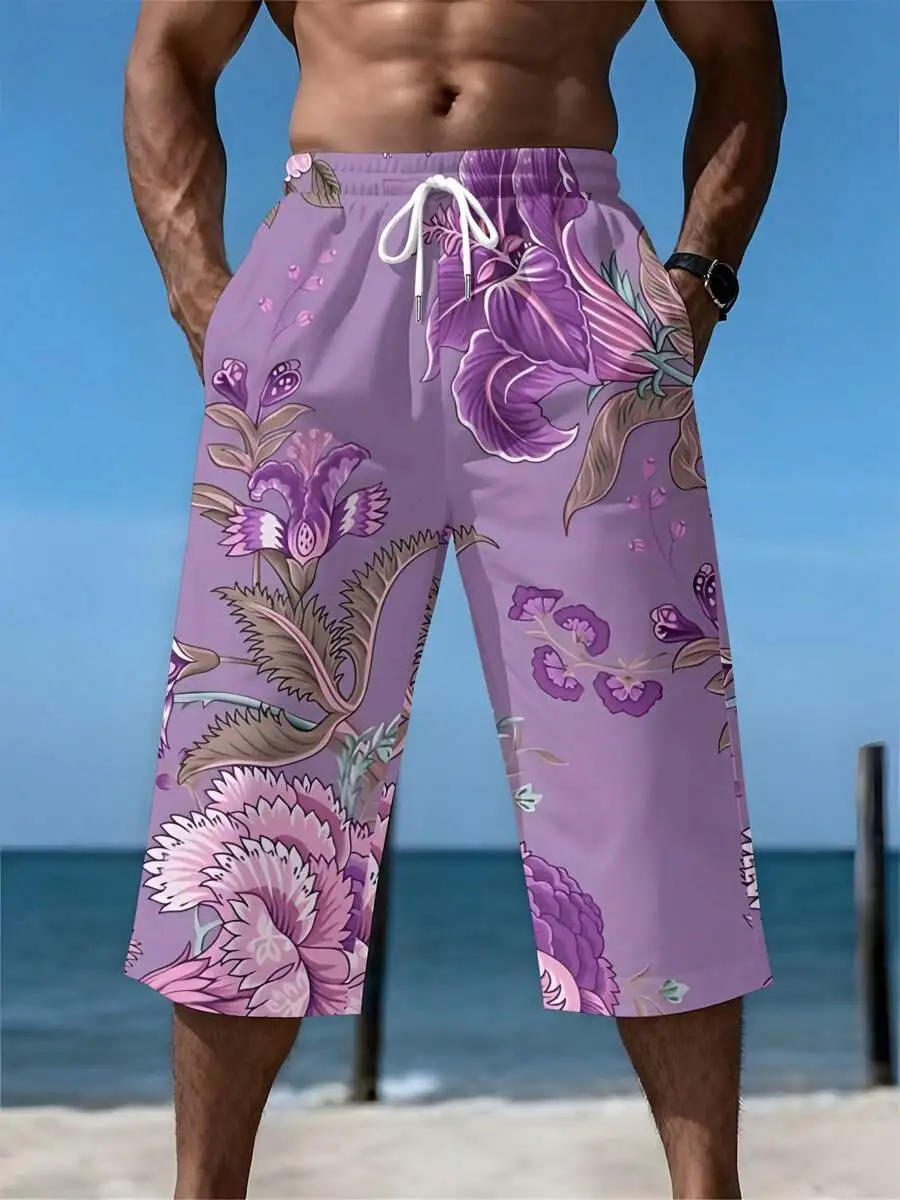 

Mens Calf-Length Floral Print Pants Light Purple Vintage Style Drawstring Woven Casual Vacation