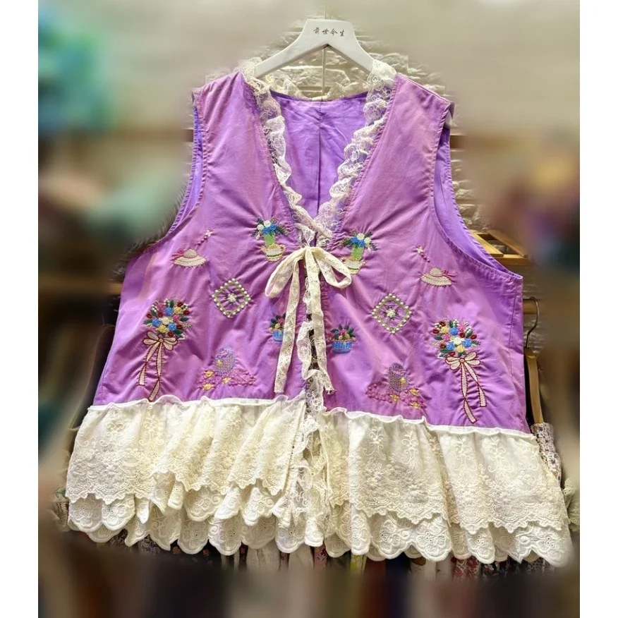 

Women Mori Girl Cotton Floral Embroidery Lace Loose Purple Vest Vintage Retro Chic Sweet Kawaii Stylish Korean Shabby Chic Vest