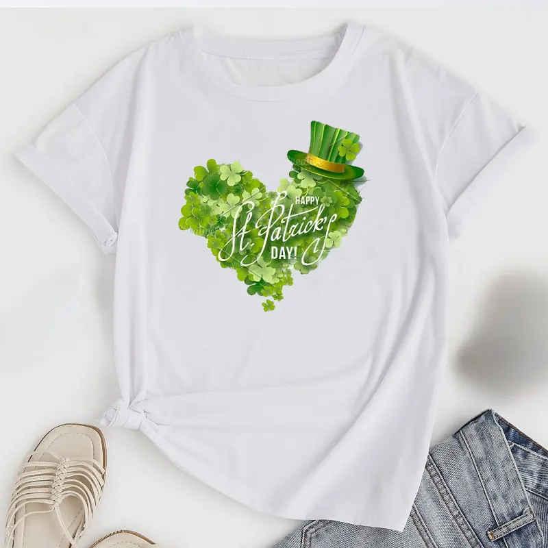 St. Patrick's Day Four-leaf Clover Cotton T-Shirt Casual Fashion Short Sleeve Tshirt for Spring & Summer Women's All-Match Tops