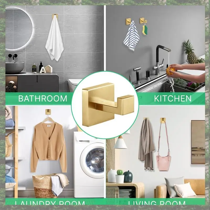 Lo mejor de 2025-2 uds. Ganchos para toallas, gancho para bata, gancho para abrigos, ganchos cuadrados resistentes de acero inoxidable dorado para baños, montado en la pared para baño
