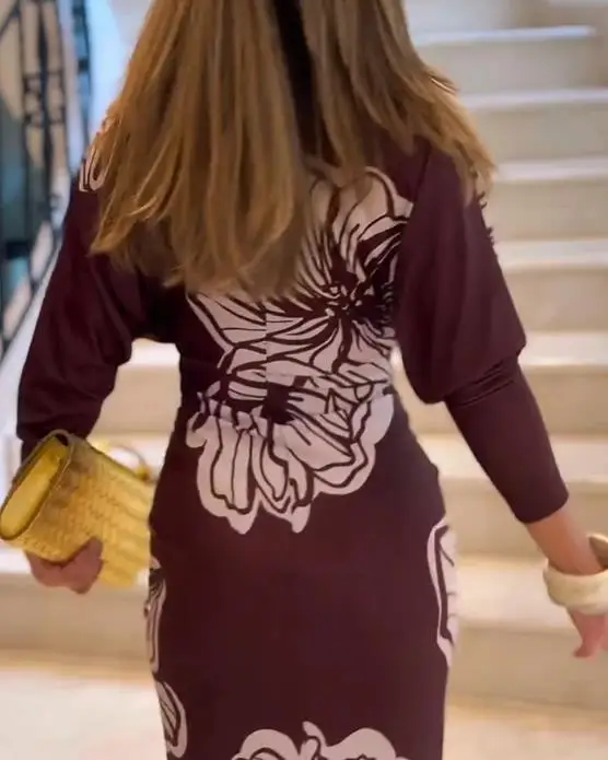 Women Dresses Temperament Commuting Floral Print Batwing Sleeve Plunge V Neck Maxi Dress Female Elegant Ruched Slit Dresses