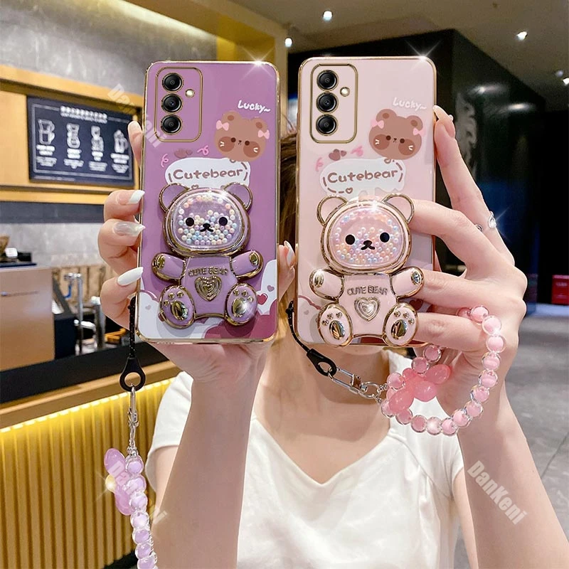 A14 Lucky Bear Holder Bracelet Plating Phone Case For Samsung A14 A12 A13 A15 A10 A05 A04 A04E A03 A03S A20S A22 A23 A25 Cover