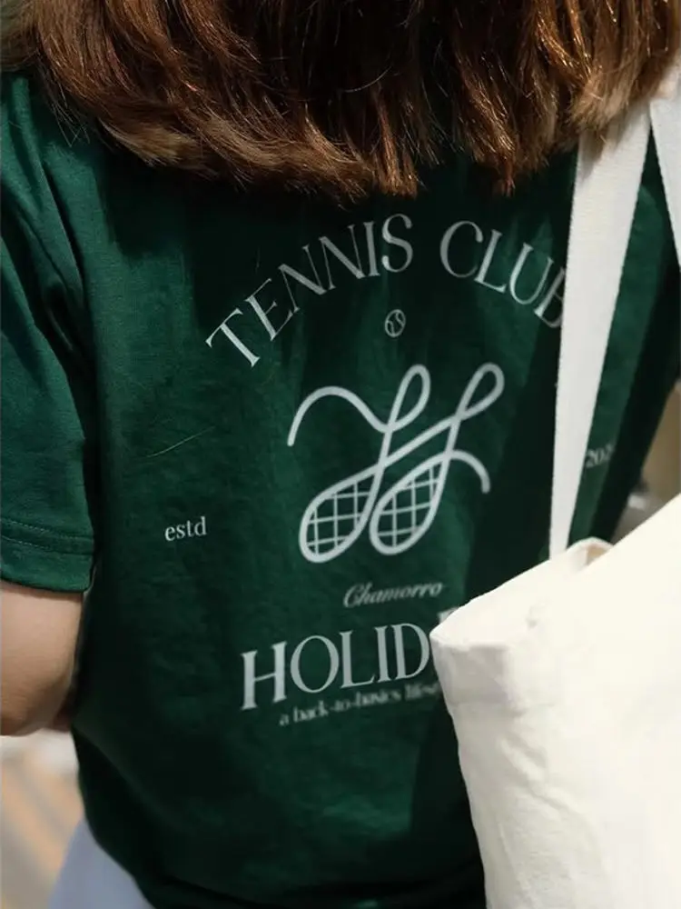 

Plus Size TENNIS CLUB American Sports Leisure Style Tennis Club Letter Print Cotton Short-sleeved T-shirt Women Plus Feminino