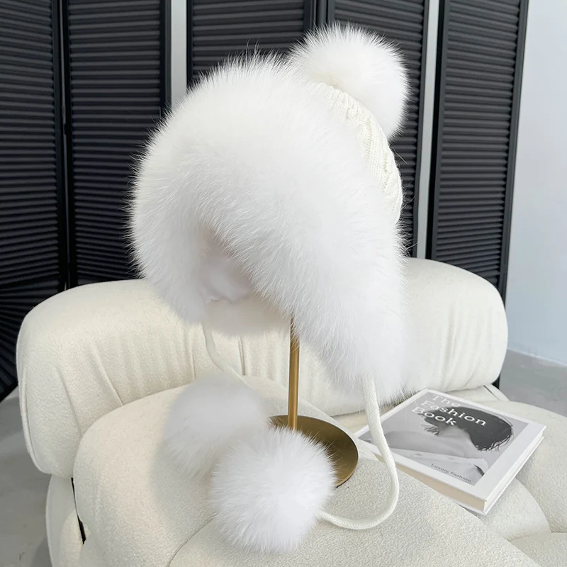 

Winter Women Real Fox Fur Hat Fashion Casual Outdoor Warm Knitted Hats Girl Lovely 100% Natural Fox Fur Ear cap bomber caps