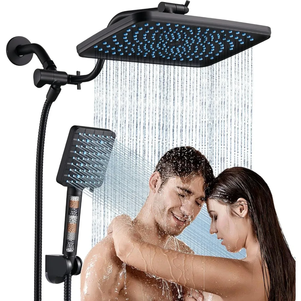 

12'' Rain Shower Combo: High-Pressure Handheld with Filter, Height-Adjustable Extension Arm, 9-Spray Filtered Head, Matte Black