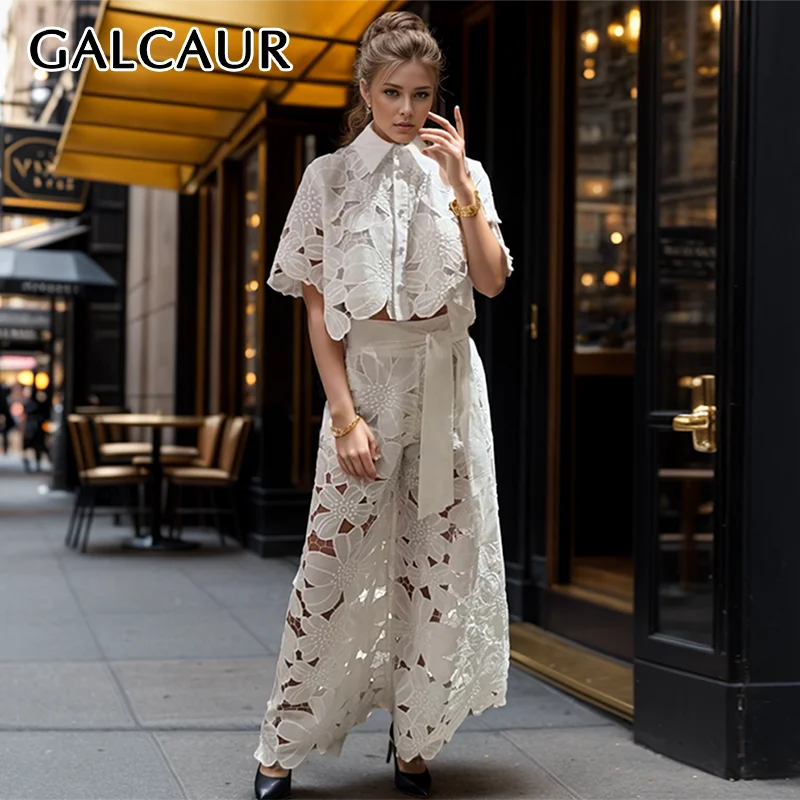 

GALCAUR Hollow Out 2 Piece Sets For Women Lapel Short Sleeve Shirt High Waist Patchwork Lace Up Wide Leg Pants Casual Set Female