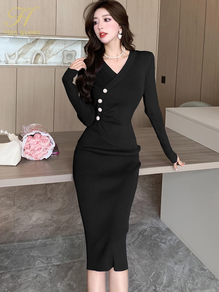 H Han Queen 2023 Autumn Fashion Buttons Stretch Knitted Pencil Dresses Simple V-Neck Work Party Casual Dress Bodycon Dress Women