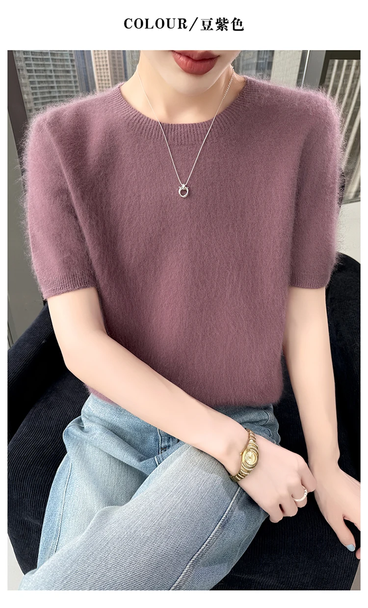 Neuer gestrickter Damen-Pullover aus 100 % Nerz-Kaschmir mit kurzen Ärmeln, einfacher und vielseitiger Damen-Pullover mit O-Ausschnitt der Marke FRSEUCAG – Detail 20