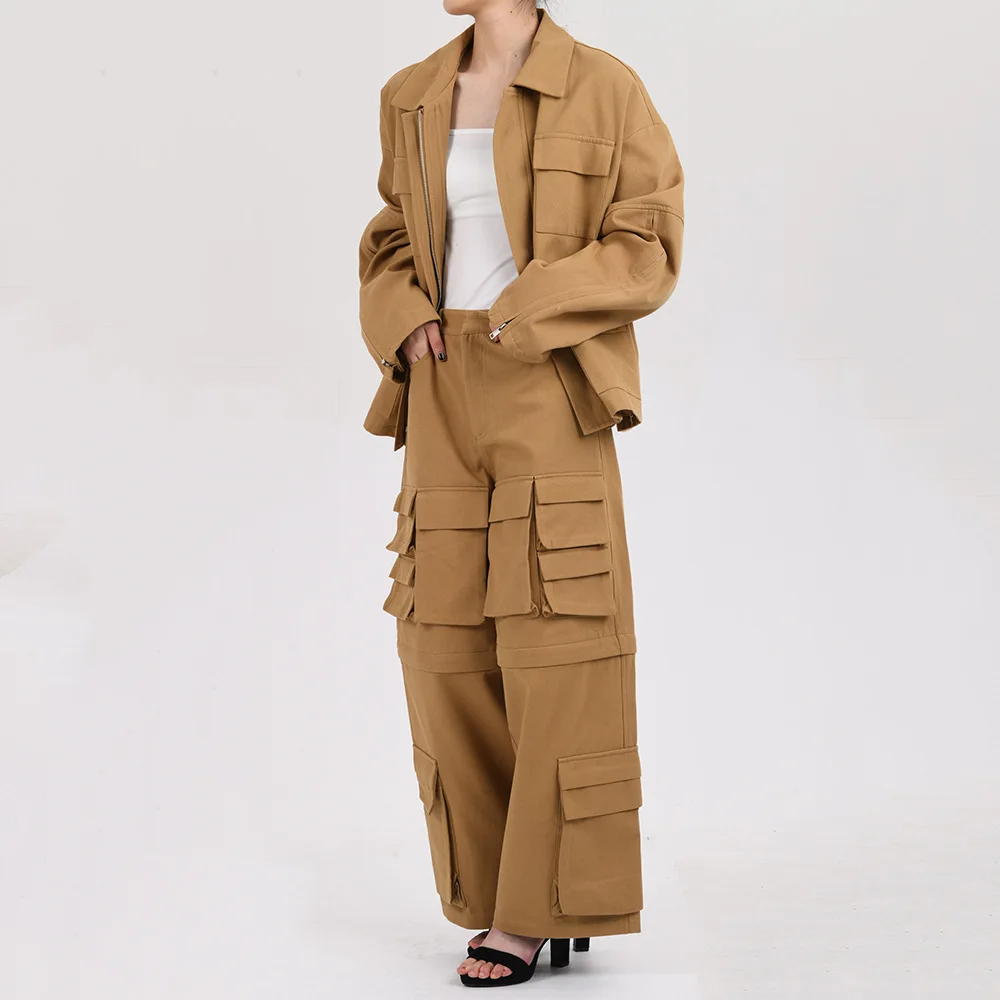 

SuperAen Retro Deconstructed Cargo Two-piece Zipper Jacket Multi-pocket Straight Pants Two Pieces Set