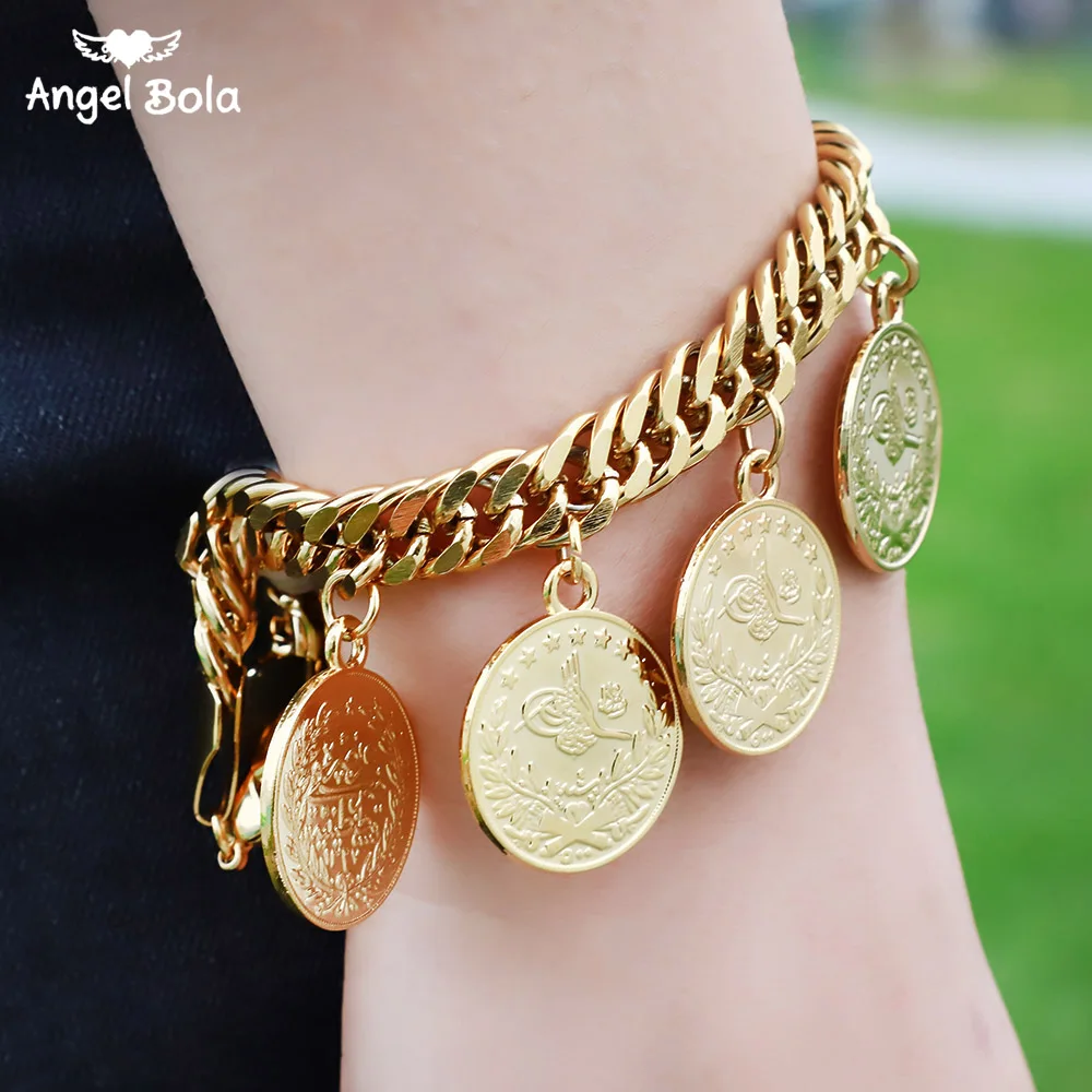 Length19CM/21CM Turkey Coin Bracelet for Women Gold Color Turks Simgesi Osmanli Turasi Muslim Islam Bangle Arab Allah Jewelry