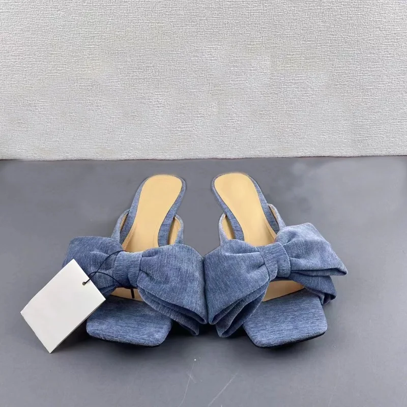 

Super Big Bowknot 3cm Slim Heel Slippers Square Toe Beach Vacation Sandals Open Toe Skirt Shoes 35-42 High Heel Women's Slippers