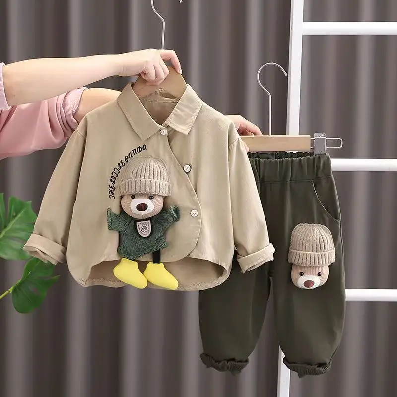2025 New Style Children's Western Bear Clothes Baby Long Sleeve Two piece Set 80-120CM Boys' Spring Cartoon Shirt Set