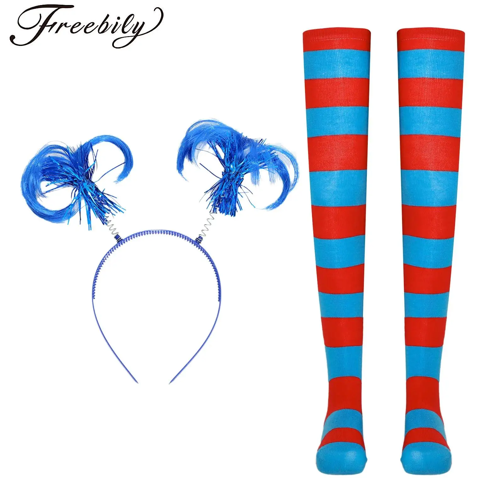 

Womens Clown Costume Accessories Party Supplies Halloween Ponytail Wig Headwear And 2 Pair Striped Thigh High Stockings