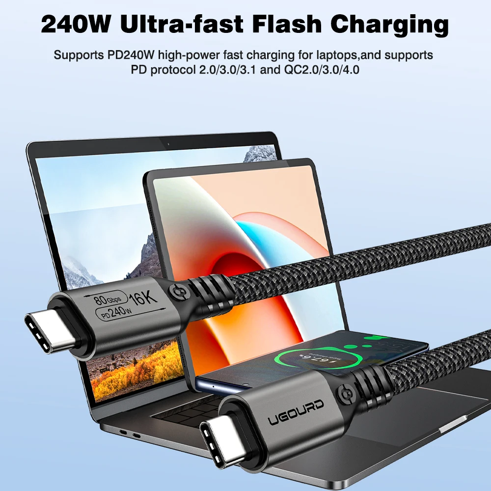 UGOURD 80Gbps Thunderbolt 5 كابل رقاقة معتمدة USB-C Thunderbolt5 2m 0.3m 120Gbps 240W 16K لمحرك الأقراص الصلبة MacBook M.2 USB4-V2