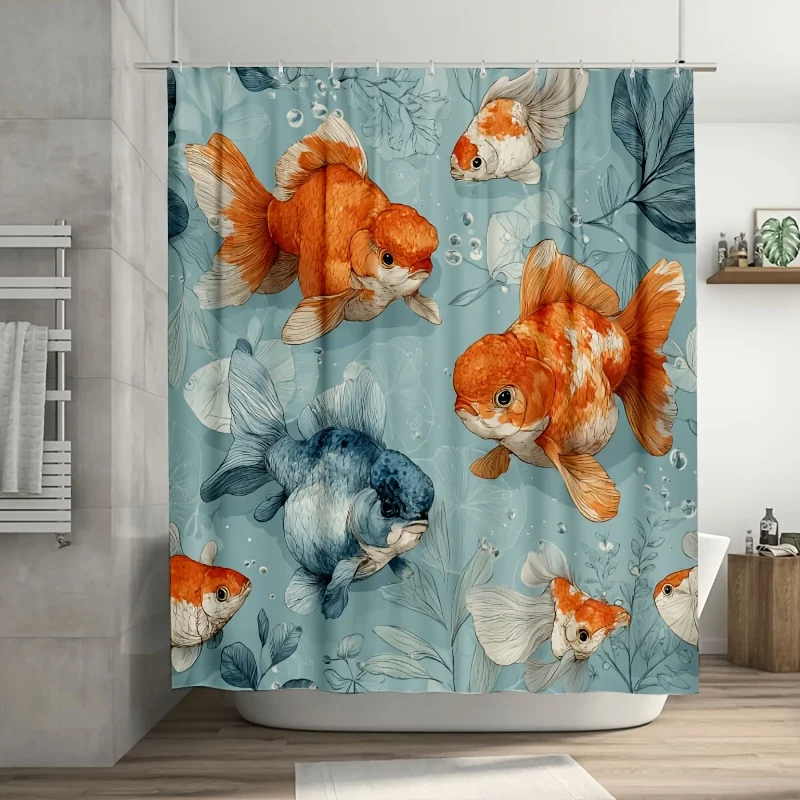 防水鯉魚水彩シャワーカーテントロピカルバスルーム装飾水生プリント大サイズ-180x180cm