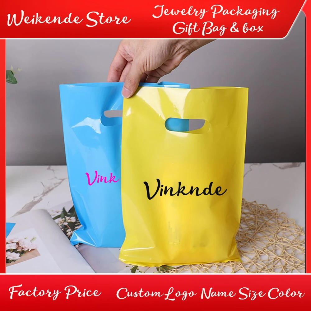 

100Pcs Wedding Thanksgiving Black White Gift Bag Custom Logo PE Plastic Shopping Bag Clothing Candy Jewelry Cosmetic Packing Bag