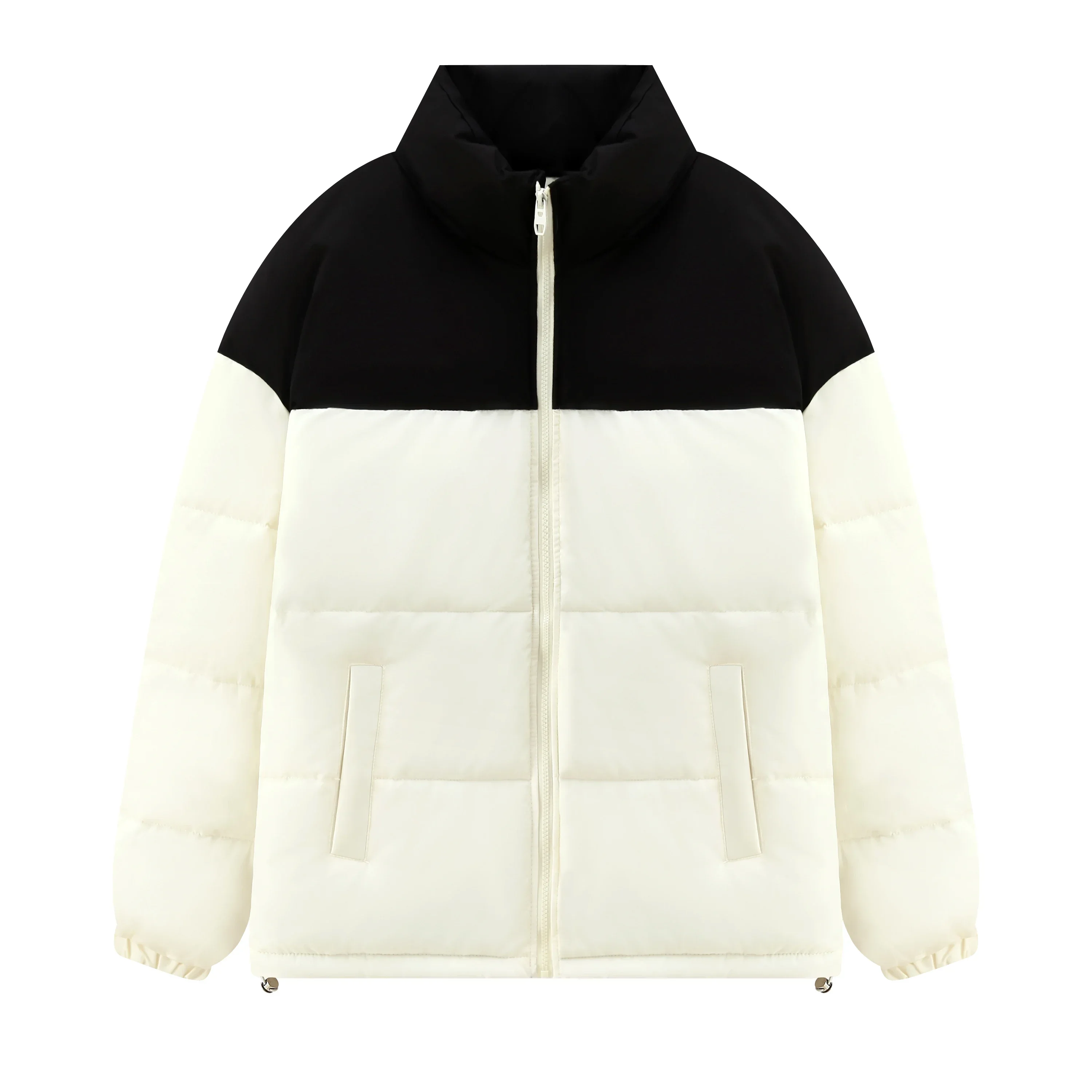 เสื้อโค้ทผ้าฝ้ายกันลมสำหรับฤดูหนาว ไซส์ใหญ่ ดีไซน์กระเป๋าซิปทันสมัย แจ็คเก็ตสั้นทรงหลวม สีสันตัดกันอย่างมีสไตล์