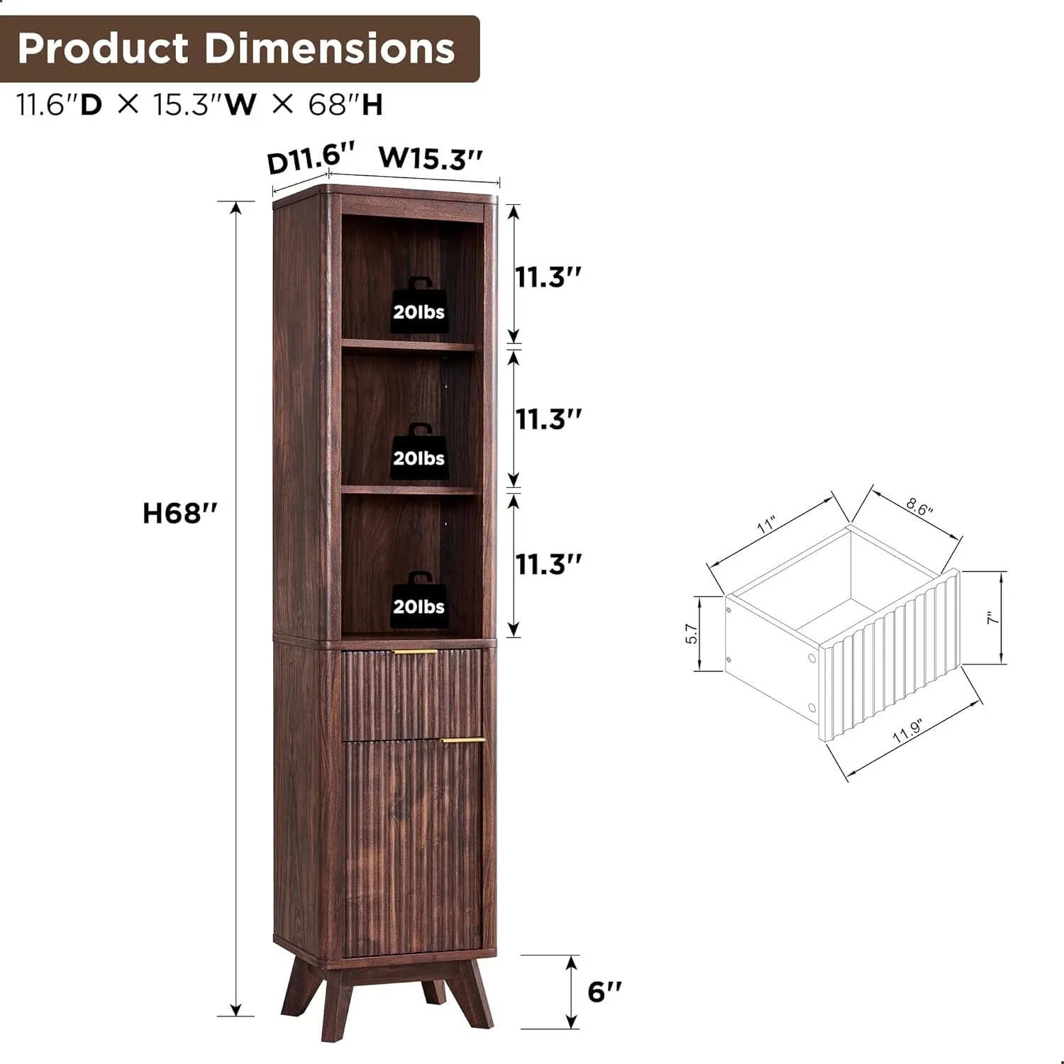 خزانة تخزين ضيقة للحمام بطول 68 بوصة مع رف ودرج قابل للتعديل، برج كتان منحني للحمام وغرفة المعيشة #2