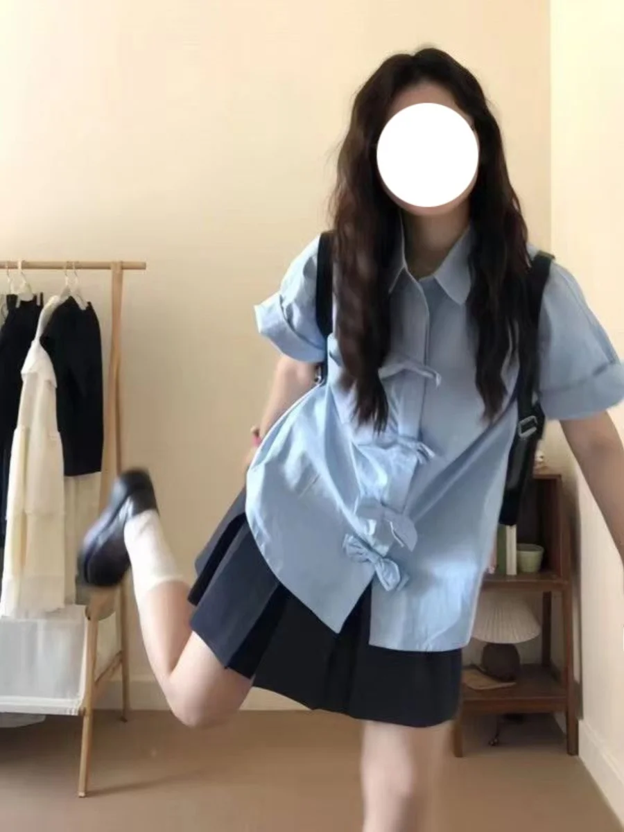 

Sweet Knot Short Sleeve Button up College Style Shirt Outerwear Design Spring Summer New Arrival Women's Fashion