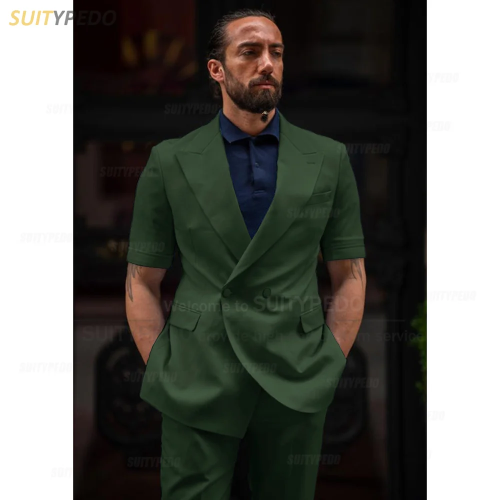 Fashion White Men Suit Sets Casual Party Blazer Pants 2 Pieces Wedding Tailor-made Slim Fit Elegant Short Sleeve Jacket Tuxedo