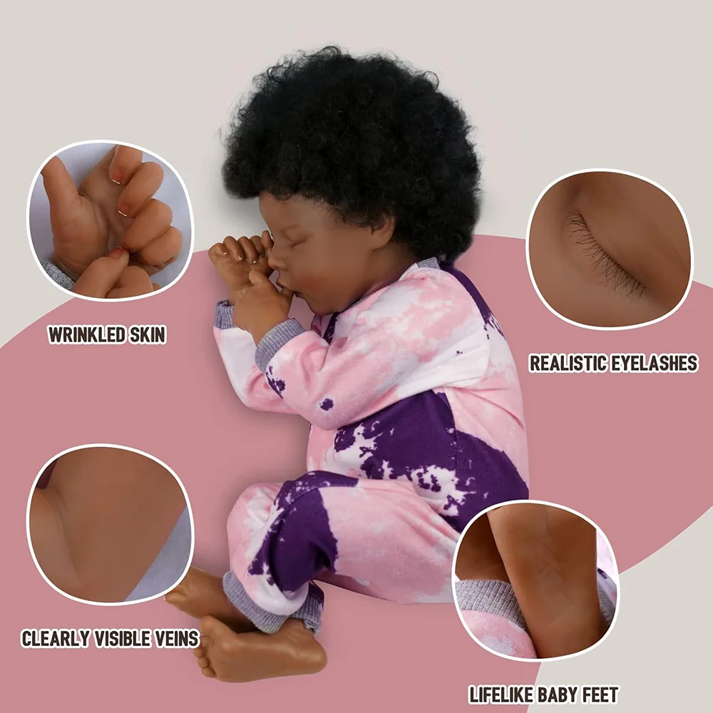 Lifelike Baby Doll Reborn Finished Silicone Full Body Darkskin Babies Girl Alive Rooted Hair Like Real Sleeping African American