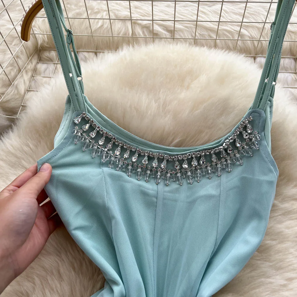 Chic vintage diamantes de imitación sin mangas elegante Hada moda coreana Boho Sundress ropa de mujer vestido